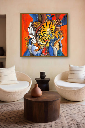 Tiger Is Coming by artist Hariom Kuthwaria displayed in a Indian Art gallery