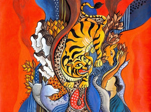 Tiger Is Coming by Hariom Kuthwaria, Original Acrylic Contemporary Painting on Paper, X-Small Horizontal Wall Art