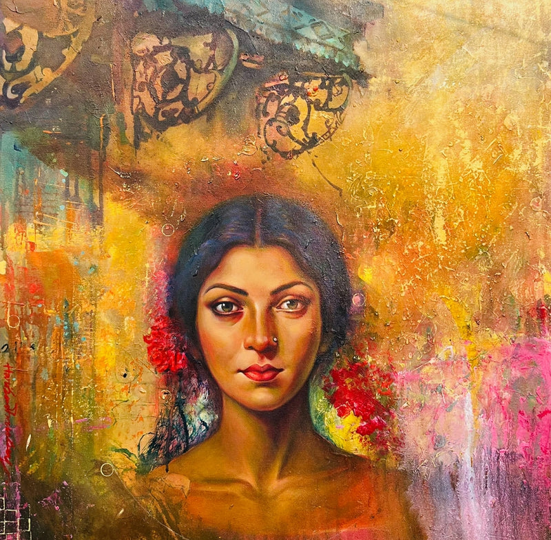 Tilottama' figurative oil painting by artist Harisadhan Dey, 30x30 inch, on canvas