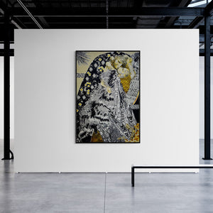 Preview of 'Time Traveller (Enveloped Enigma)' Painting by Parvathi Nayar shown on a wall in a furnished room.