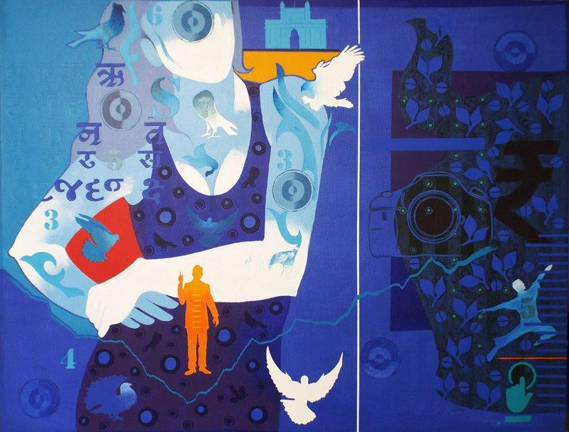 Figurative acrylic painting titled 'Time Vs Thought 14', 32x42 inches, by artist Ranjit Singh on Canvas