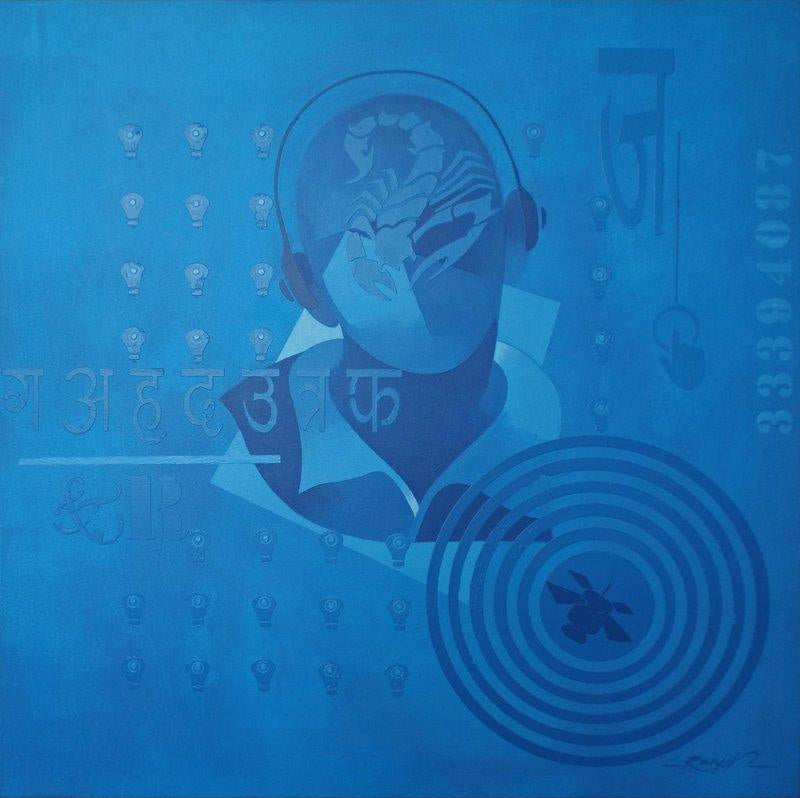Figurative acrylic painting titled 'Time Vs Thought 8', 36x36 inches, by artist Ranjit Singh on Canvas