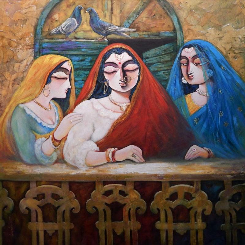 Figurative acrylic charcoal painting titled 'Tin Kanya 2', 45x45 inches, by artist Subrata Ghosh on Canvas