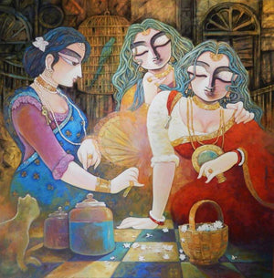 Figurative acrylic painting titled 'Tin Kanya', 48x48 inches, by artist Subrata Ghosh on Canvas
