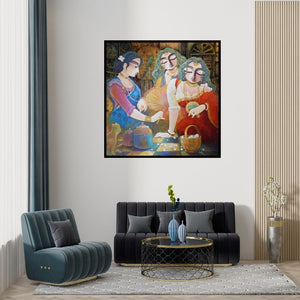 Preview of 'Tin Kanya' Painting by Subrata Ghosh shown on a wall in a furnished room.