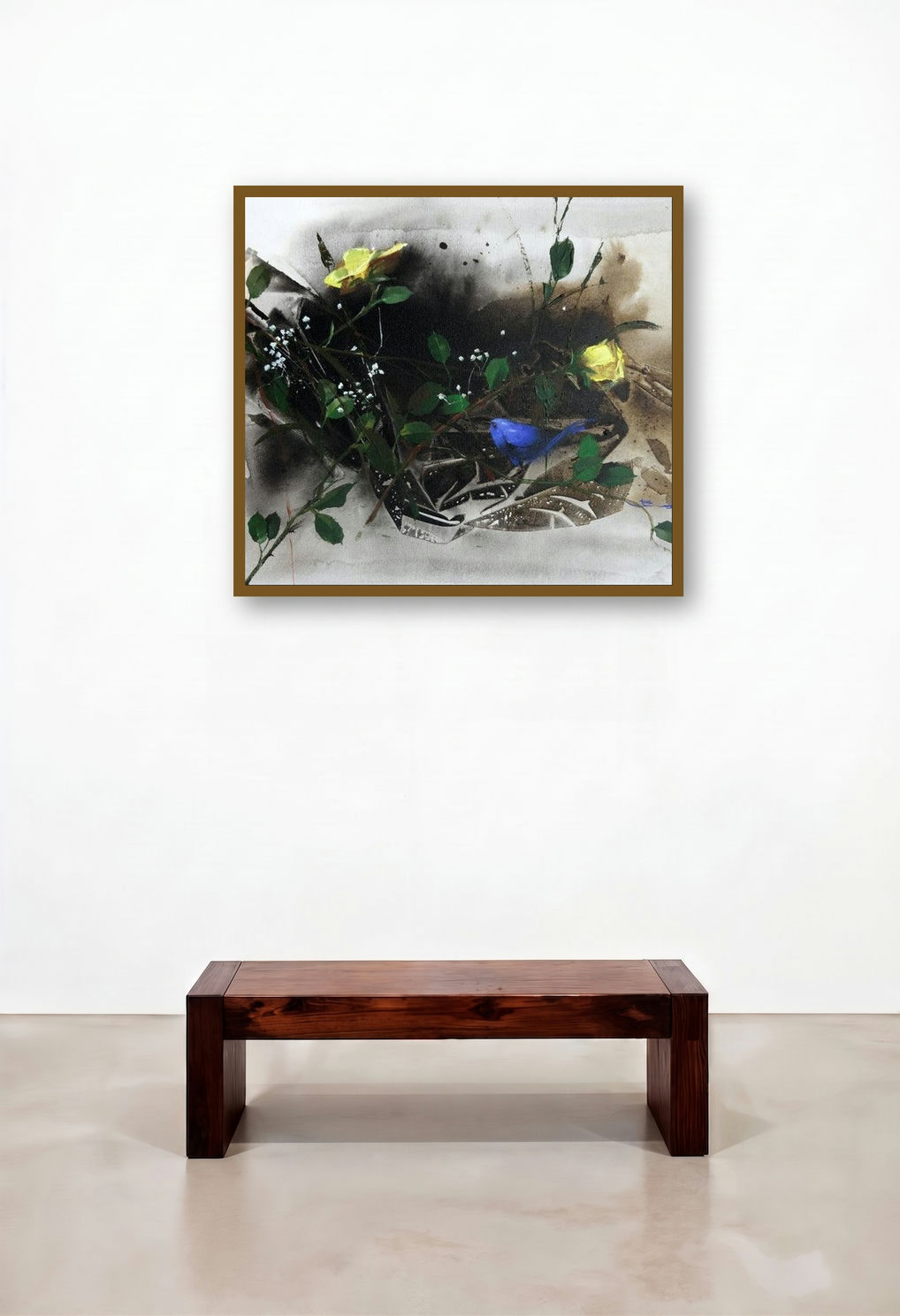Tiny Beauty (A Song of Yellow and Blue) by artist Bhaskar Mandolu displayed in a Japandi Home Office