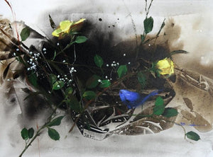 Tiny Beauty (A Song of Yellow and Blue) by Bhaskar Mandolu, Original Acrylic Nature Painting on Canvas, Small Horizontal Wall Art