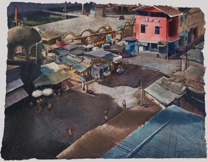 Cityscape watercolor painting titled 'Tiranga 2', 26x33 inches, by artist Ajit Raut on Paper