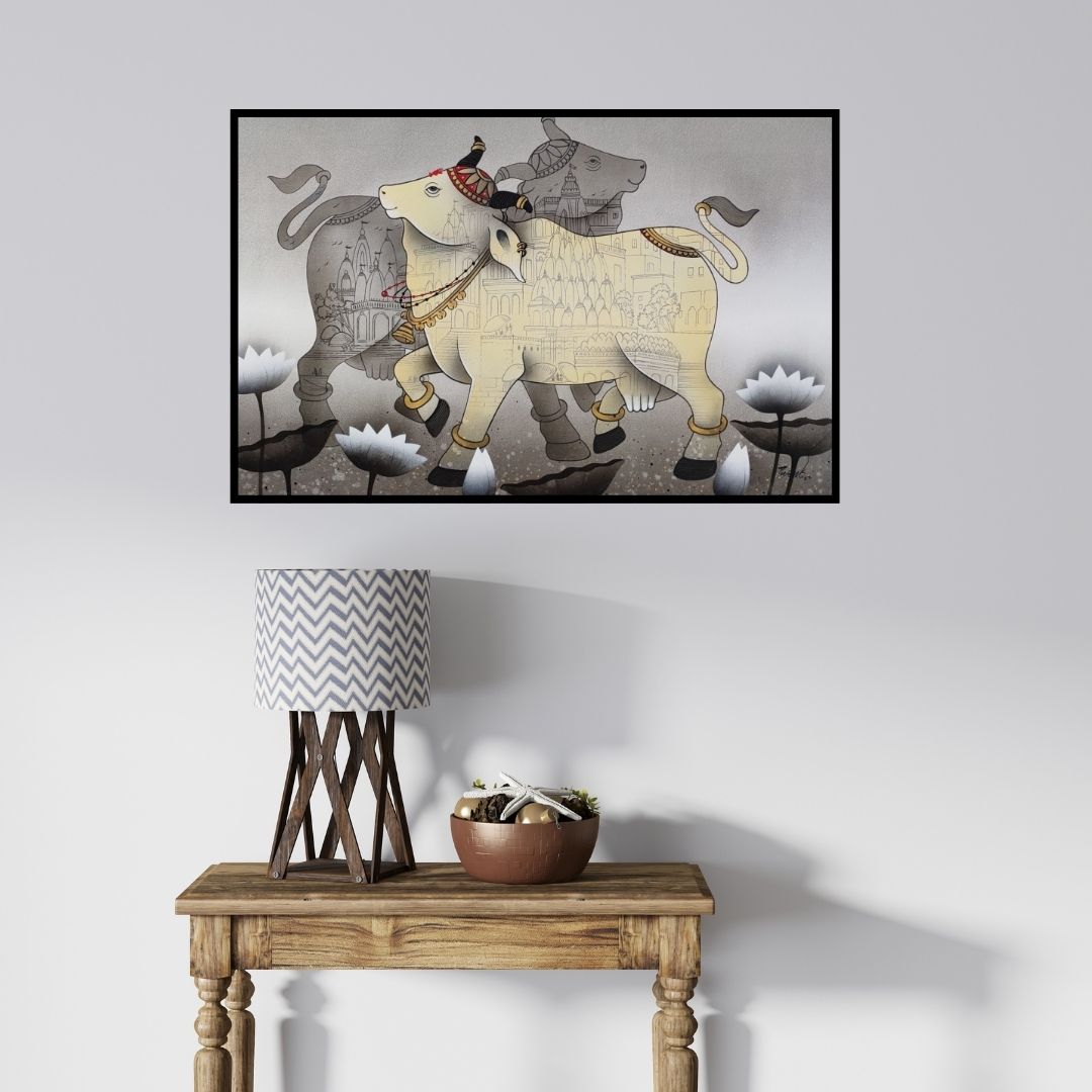 In-situ view of Paras Parmar's 'Tirth 2 (Sacred Cows and Temples)' painting in a room