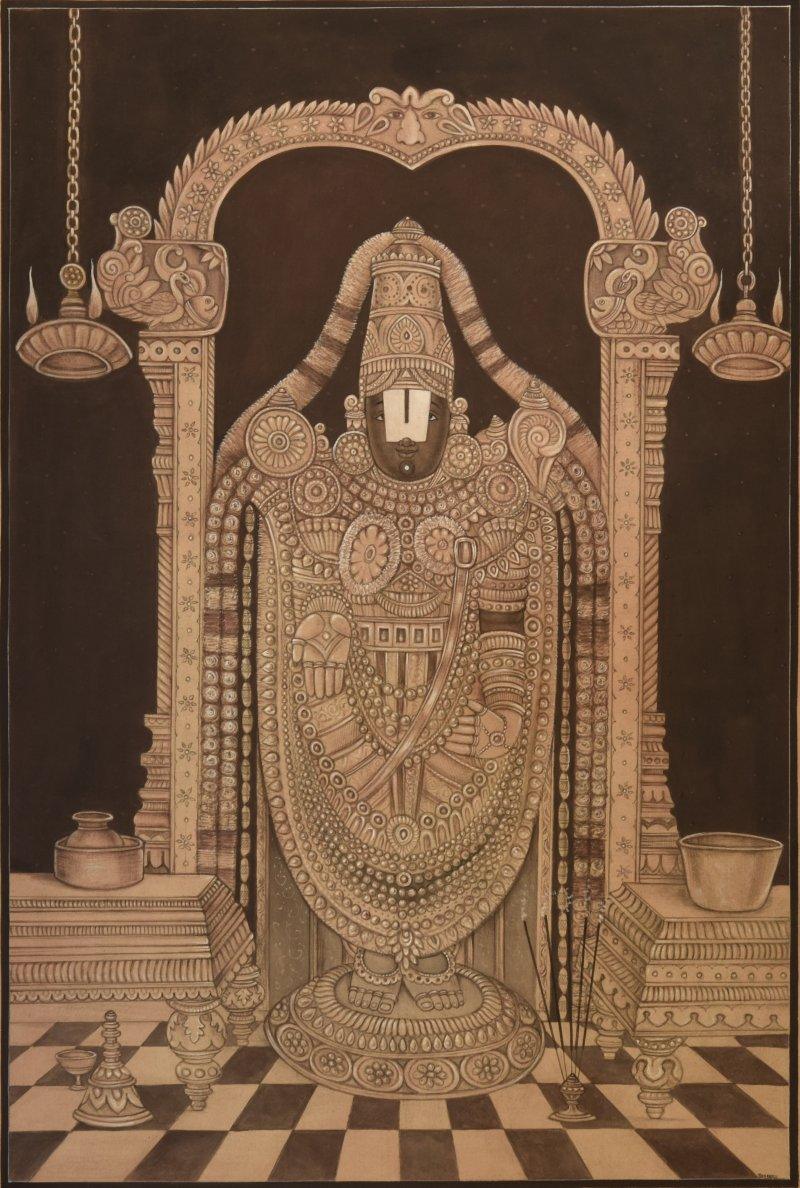 Religious mixed media painting titled 'Tirupati Balaji Pichwai', 25x36 inches, by artist Pushkar Lohar Pichwai on Cloth