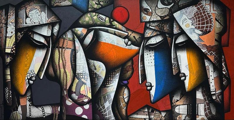 Figurative acrylic charcoal painting titled 'Togetherness 4', 48x96 inches, by artist Jagannath Paul on Canvas