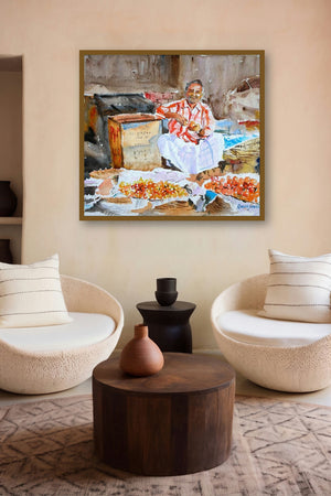Tomato Seller by artist Ramesh Jhawar displayed in a Curated gallery