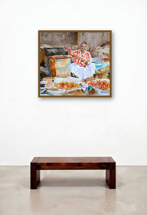 Tomato Seller by artist Ramesh Jhawar displayed in a Scandinavian Bedroom