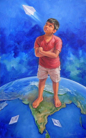 Tomorrow Is Mine by Mahesh Rc, Original Oil Figurative Painting on Canvas, Large Vertical Wall Art