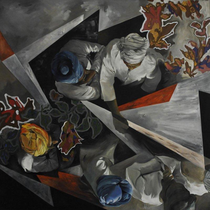 Figurative oil painting titled 'Top View 3', 60x60 inches, by artist Ajit Deswandikar on Canvas