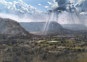 Top View (Light Through Clouds) by Nanasaheb Yeole, Original Watercolor Nature Painting on Paper, Small Horizontal Wall Art