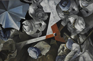 Top View Deal (Urban Assembly) by Ajit Deswandikar, Original Oil Figurative Painting on Canvas, X-Large Horizontal Wall Art