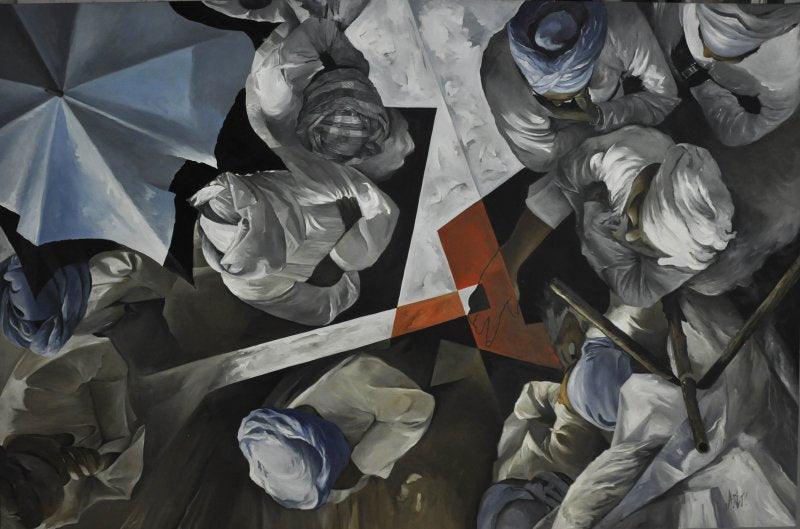 Figurative oil painting titled 'Top View Deal', 60x48 inches, by artist Ajit Deswandikar on Canvas