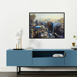 Preview of 'Top View Of Kolkata' Painting by Sankar Das shown on a wall in a furnished room.