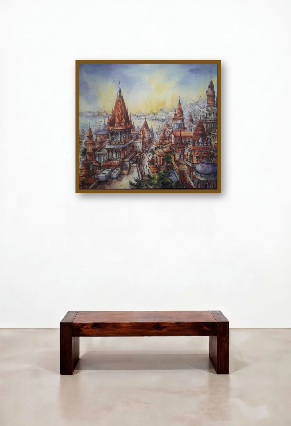 Top View Of Benaras 3 (The Sacred City Awakens) by artist Shubhashis Mandal displayed in a Modern Penthouse