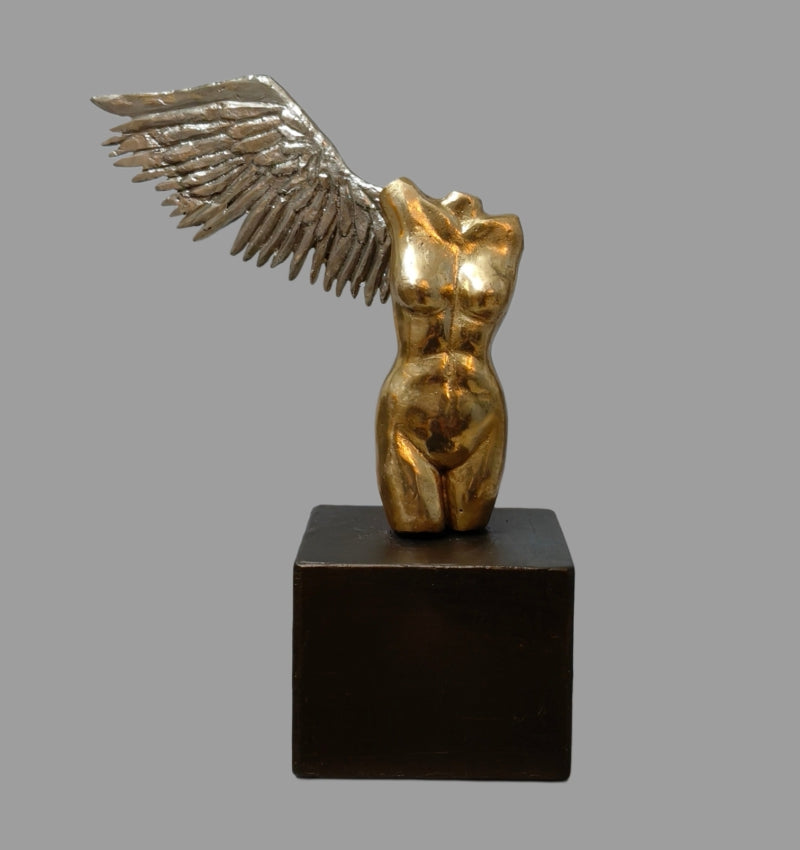 Torso With Wings' contemporary Brass, German Metal sculpture by artist Pratibha Singh, 13x6 inch, on brass, german metal