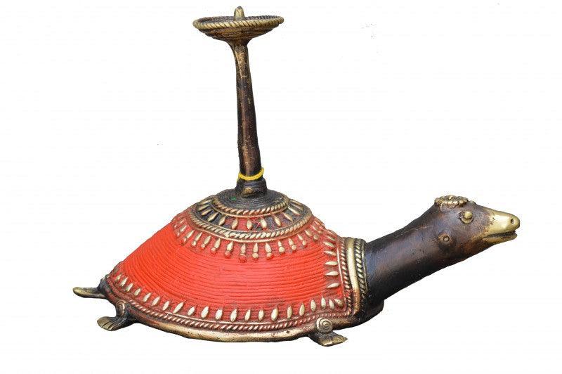 Lifestyle craft titled 'Tortoise Candle Stand Red', 10x6x4 inches, by artist Kushal Bhansali on Brass