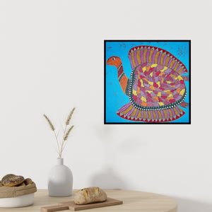 Preview of 'Tortoise (The Resilient Wanderer)' Painting by Preeti Das shown on a wall in a furnished room.