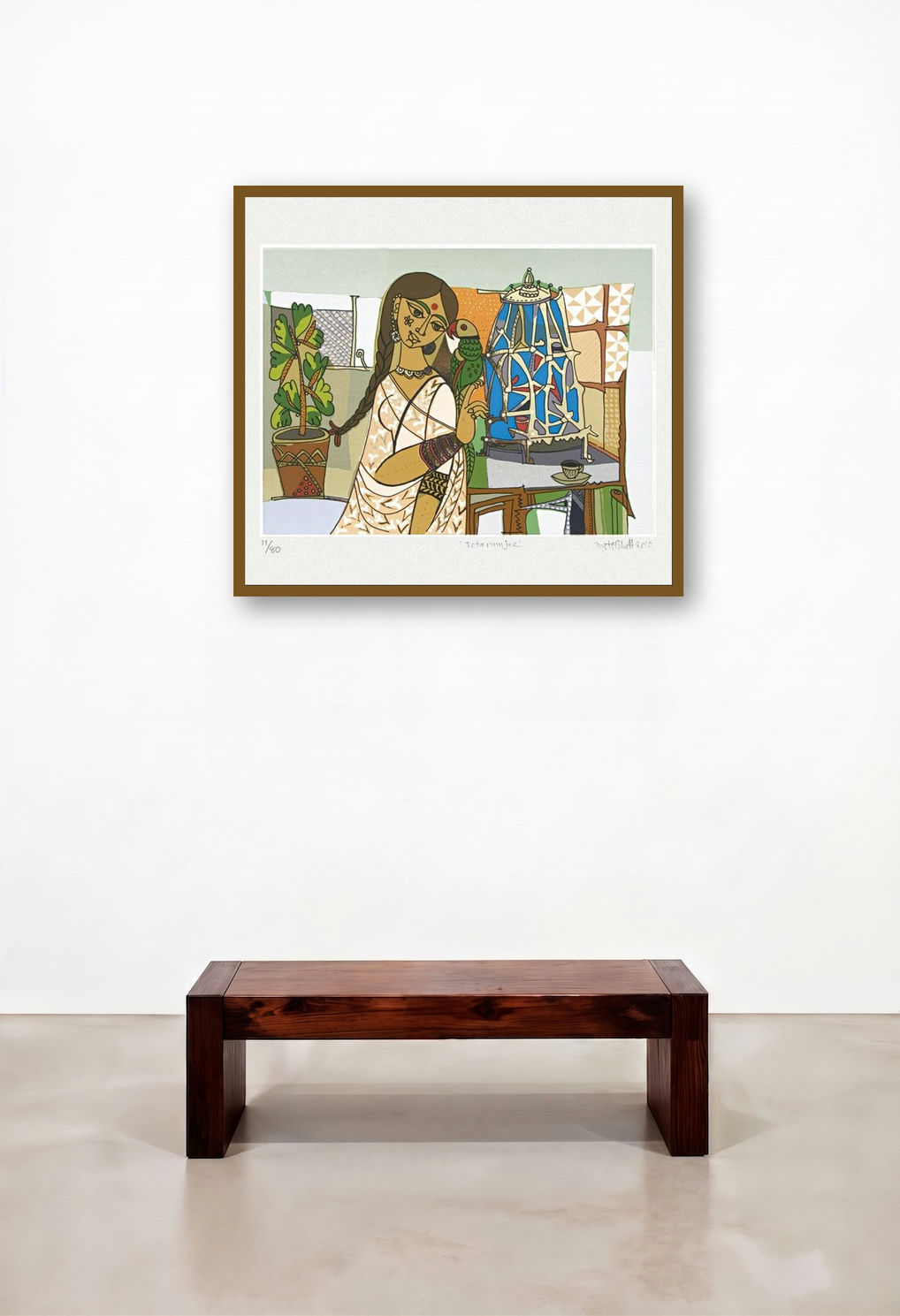Totaramjee (Woman with Parrot) by artist Jyoti Bhatt displayed in a Urban Loft Living Room