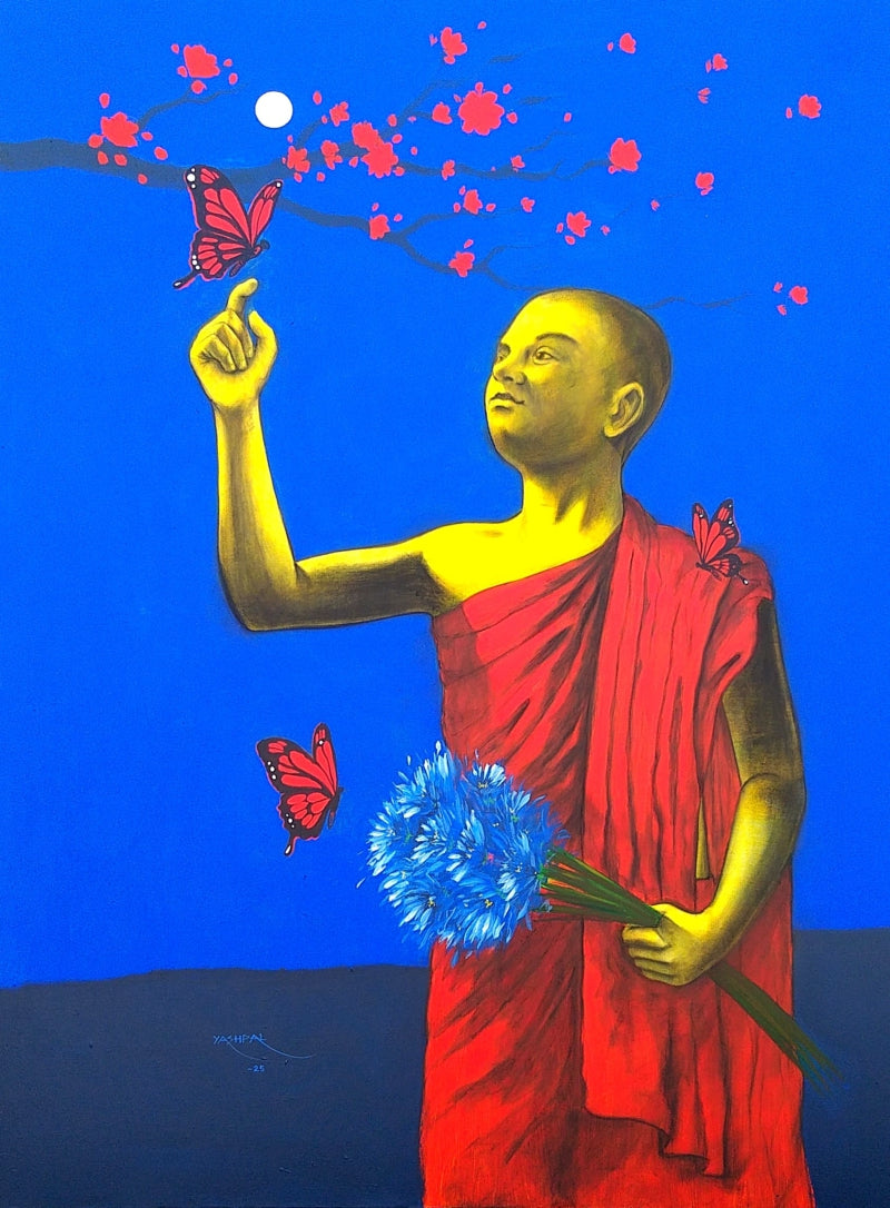 'Touch Of Happiness' religious mixed-media painting by artist Yashpal Kamble, 48x36 inch, on canvas