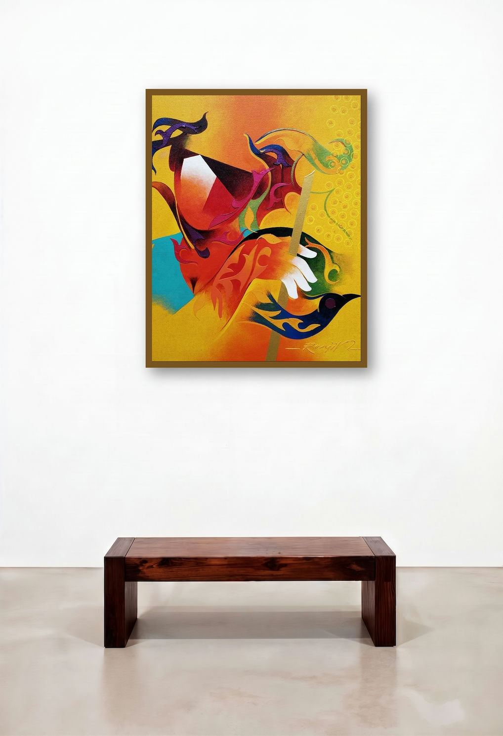Towards Happiness 2 (Golden Companion) by artist Ranjit Singh Kurmi displayed in a Eclectic Library