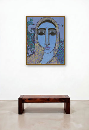 Towards Tradition (Azure Majesty: A Portrait in Blue Hues) by artist Mamta Mondkar displayed in a Transitional Foyer