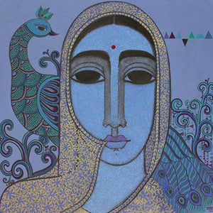 Towards Tradition (Azure Majesty: A Portrait in Blue Hues) by Mamta Mondkar, Original Acrylic Figurative Painting on Canvas, Large Square Wall Art