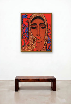 Towards Tradition Ii (Crimson Majesty: A Woman and Her Peacock) by artist Mamta Mondkar displayed in a Contemporary Executive Office