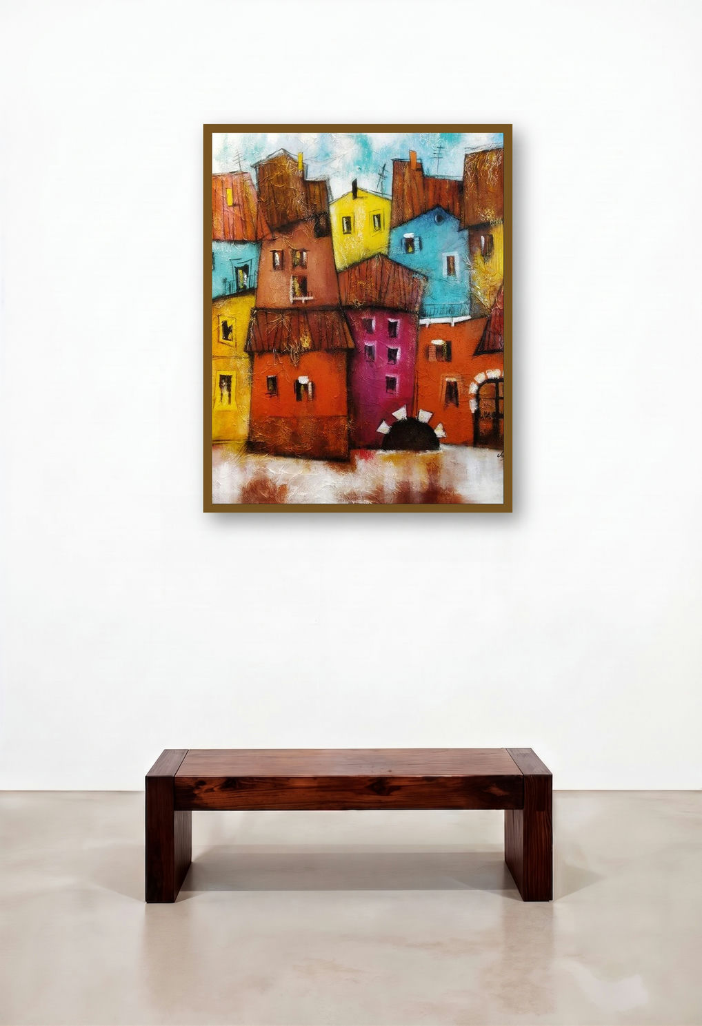 Townhouse (A Vibrant Village) by artist Ankita Dey Bhoumik displayed in a Elegant Reception Area