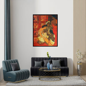 Preview of 'Toy Seller' Painting by Siddharth Shingade shown on a wall in a furnished room.