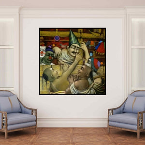 In-situ view of Apet Pramod's 'Toy Seller' painting in a room