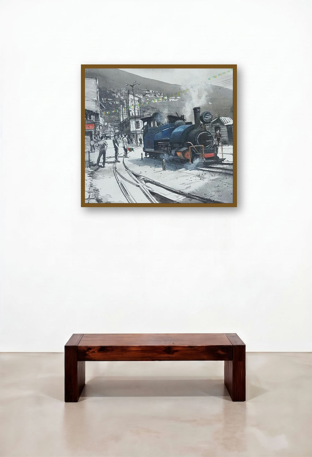 Toy Train Darjeeling (A Glimpse of Darjeeling) by artist Amlan Dutta displayed in a Minimalist Bedroom