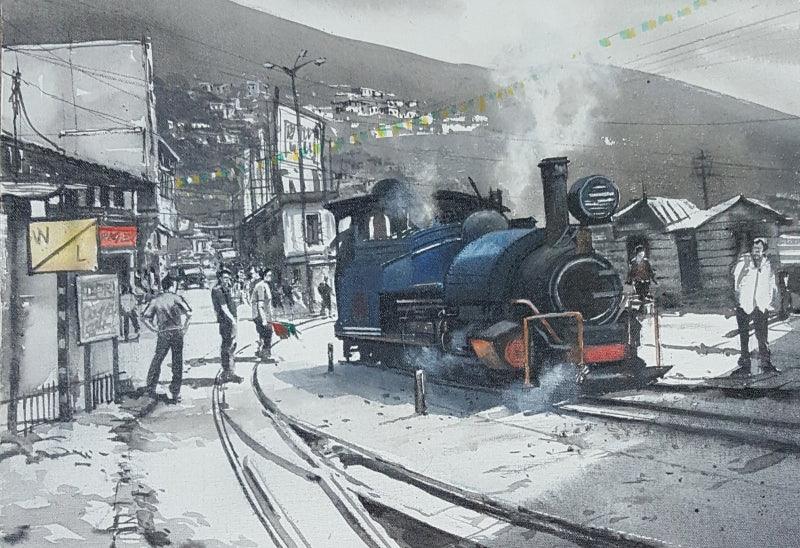 Realistic acrylic painting titled 'Toy Train Darjeeling', 16x20 inches, by artist Amlan Dutta on Canvas Board