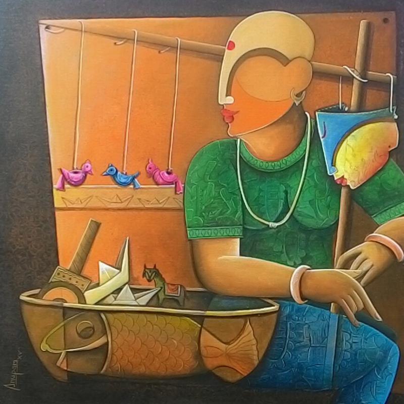 Figurative acrylic painting titled 'Toyseller 2', 36x36 inches, by artist Anupam Pal on Canvas