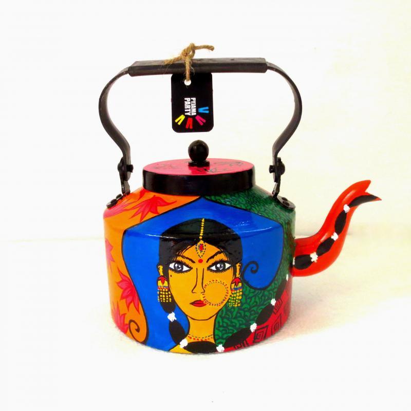 Lifestyle craft titled 'Traditional Lady Tea Kettle', 9x9x7 inches, by artist Rithika Kumar on Aluminium