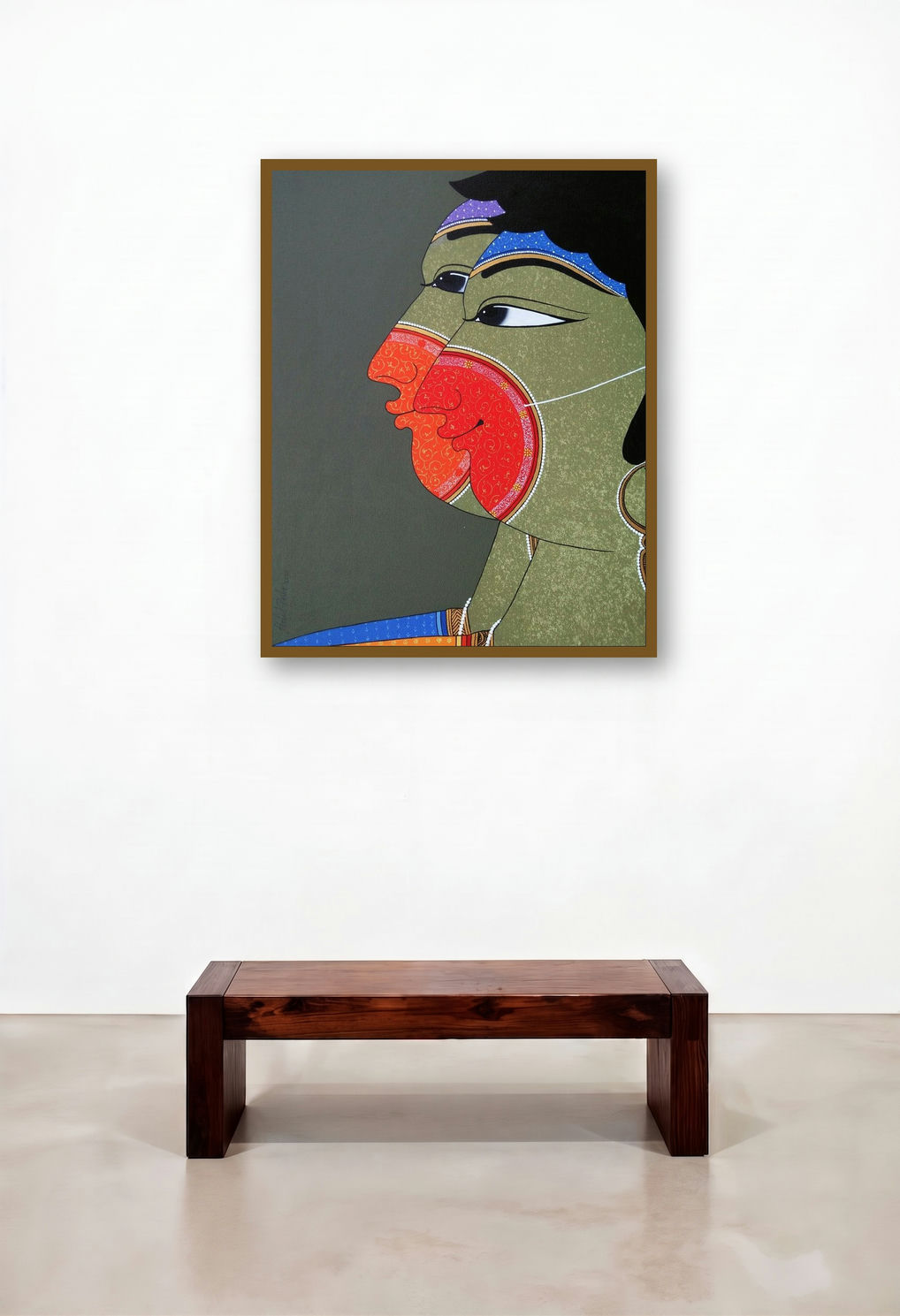 Traditional Mask (Masks of Love) by artist Shahed Pasha displayed in a Rustic Executive Office