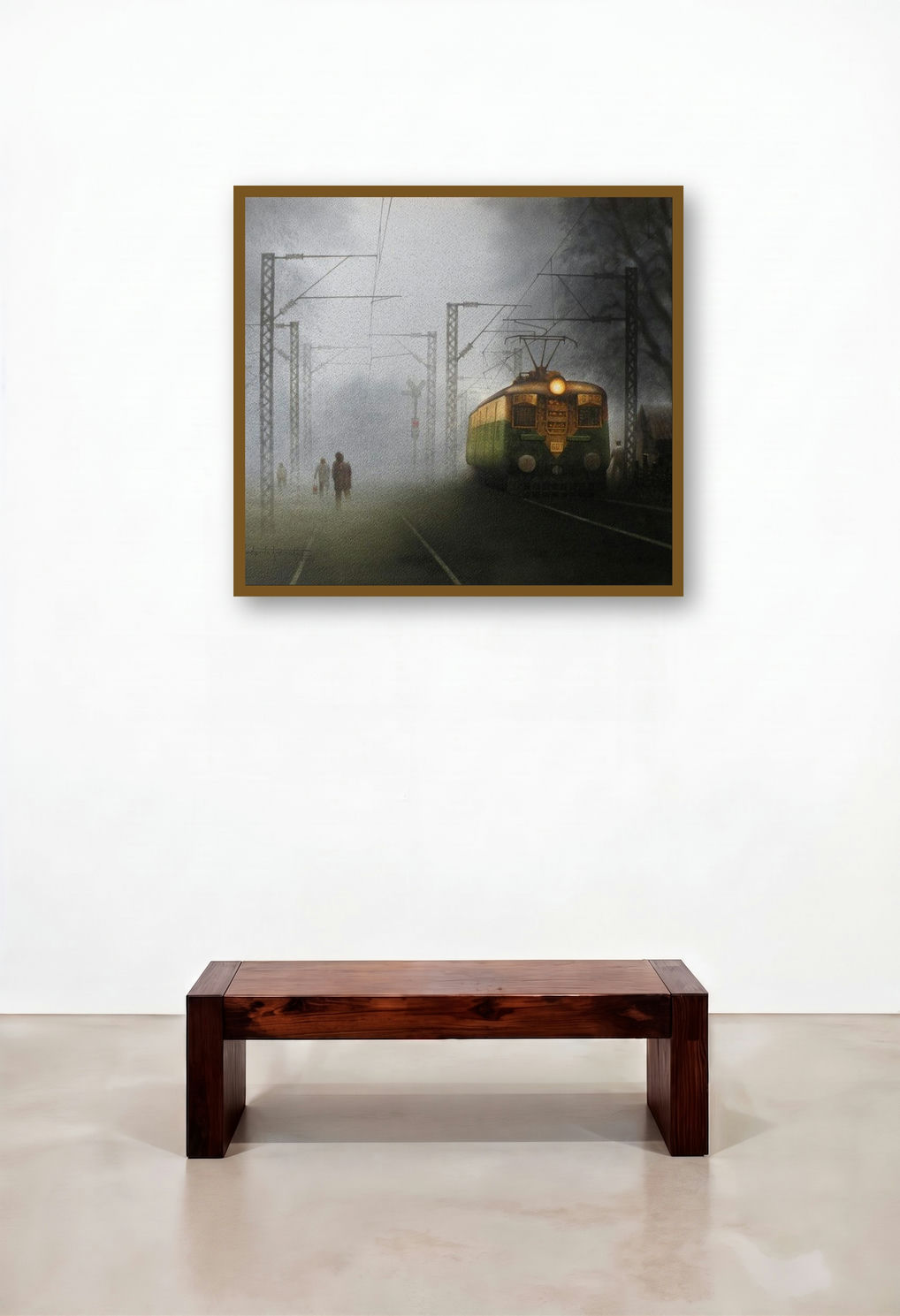 Train In Foggi Morning 3 (Through the Mist) by artist Sudipta Karmakar displayed in a Traditional Foyer