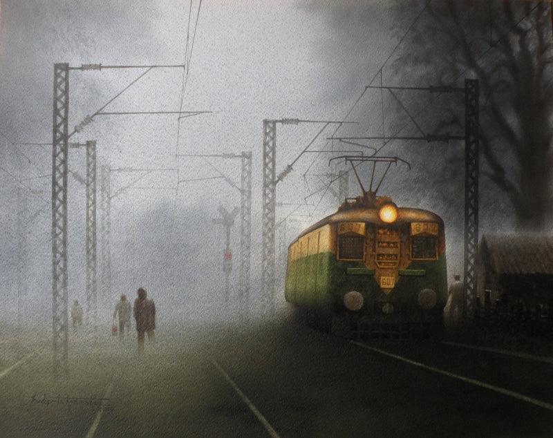 Transportation watercolor painting titled 'Train In Foggi Morning 3', 18x23 inches, by artist Sudipta Karmakar on Paper