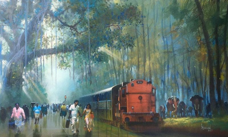 Cityscape acrylic painting titled 'Train Passing Through Nature 2', 20x40 inches, by artist Bijay Biswaal on Canvas