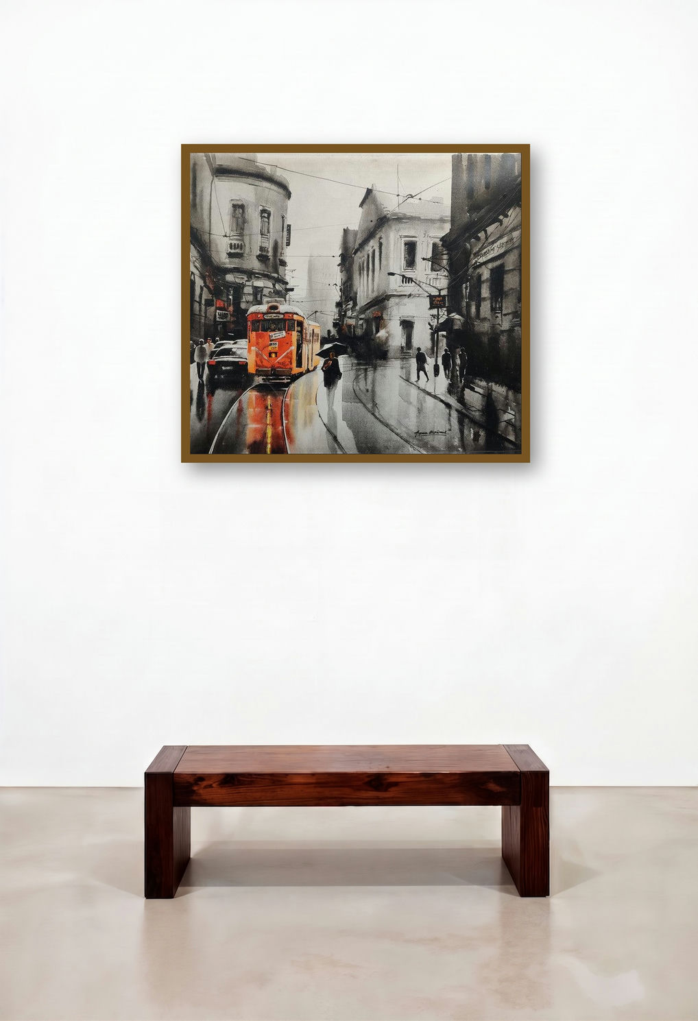Tram In Calcutta Street 1 (Rainy Day in Calcutta) by artist Arpan Bhowmik displayed in a Modern Hotel Suite