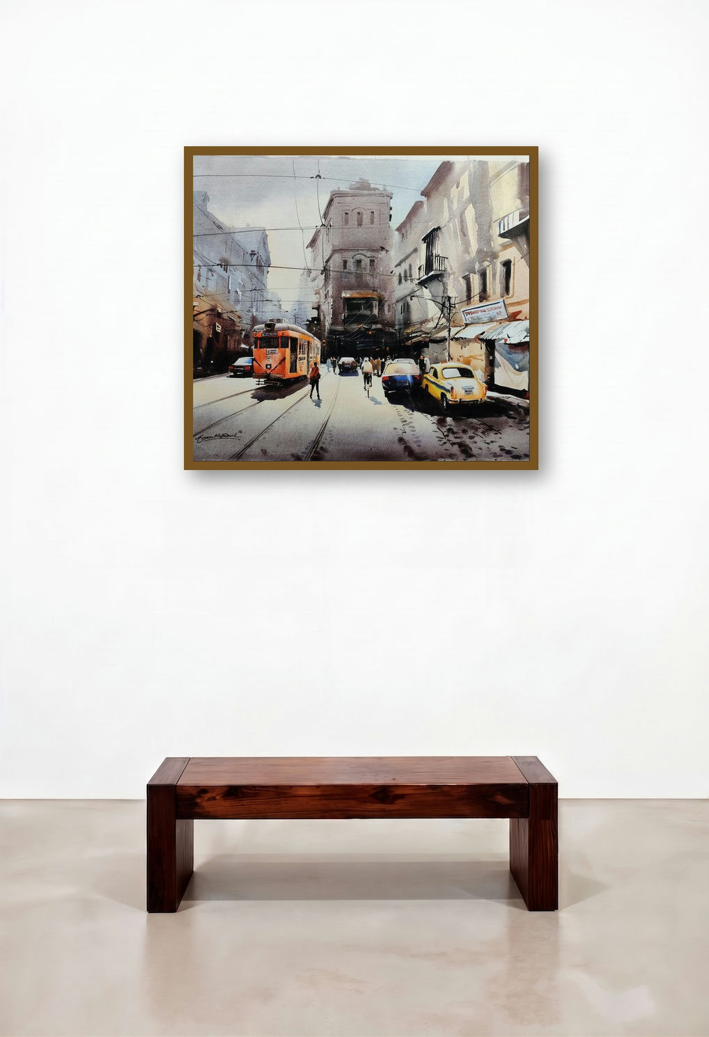 Tram In Calcutta Street 2 (A Glimpse of Calcutta) by artist Arpan Bhowmik displayed in a Japandi Foyer