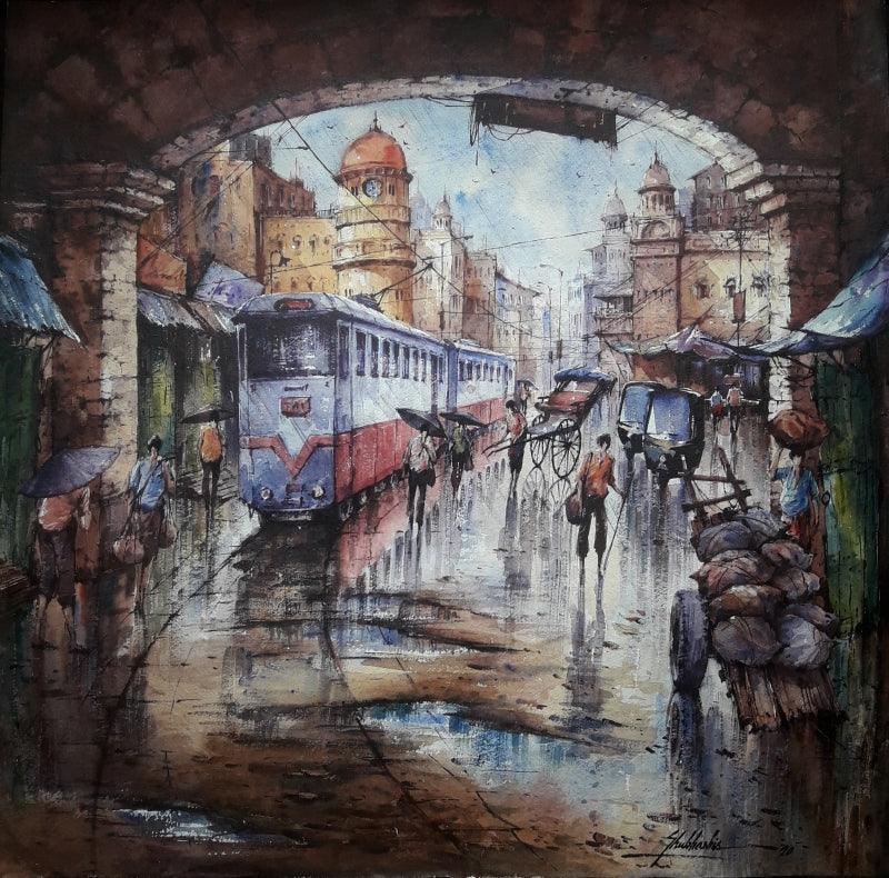 Cityscape watercolor painting titled 'Tram in kolkata 2', 22x22 inches, by artist SHUBHASHIS MANDAL on Handmade paper