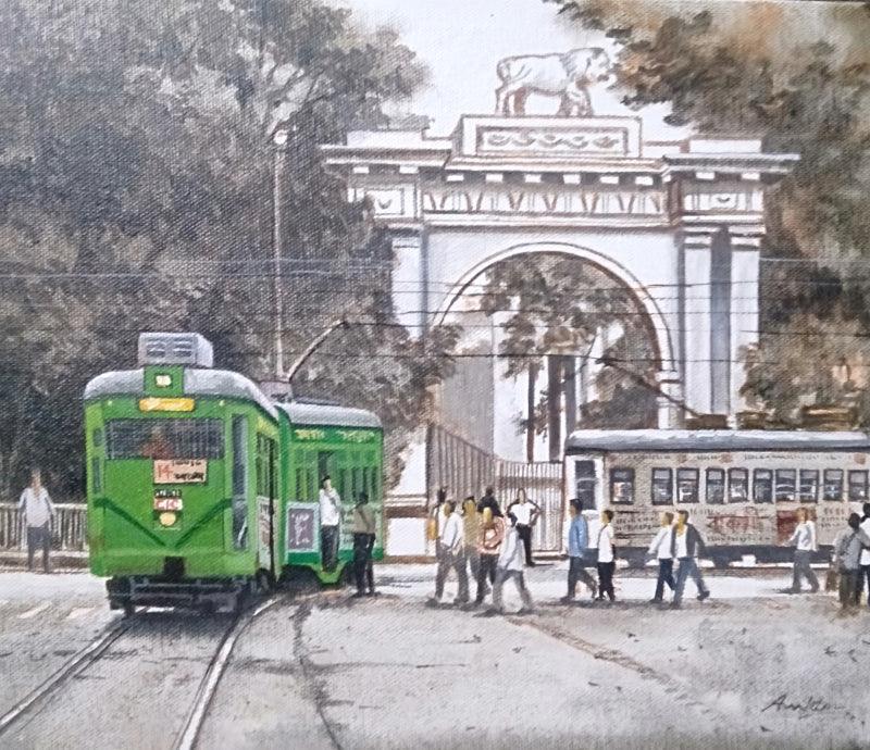 Cityscape acrylic painting titled 'Tram In Kolkata 3', 16x20 inches, by artist Amlan Dutta on Canvas