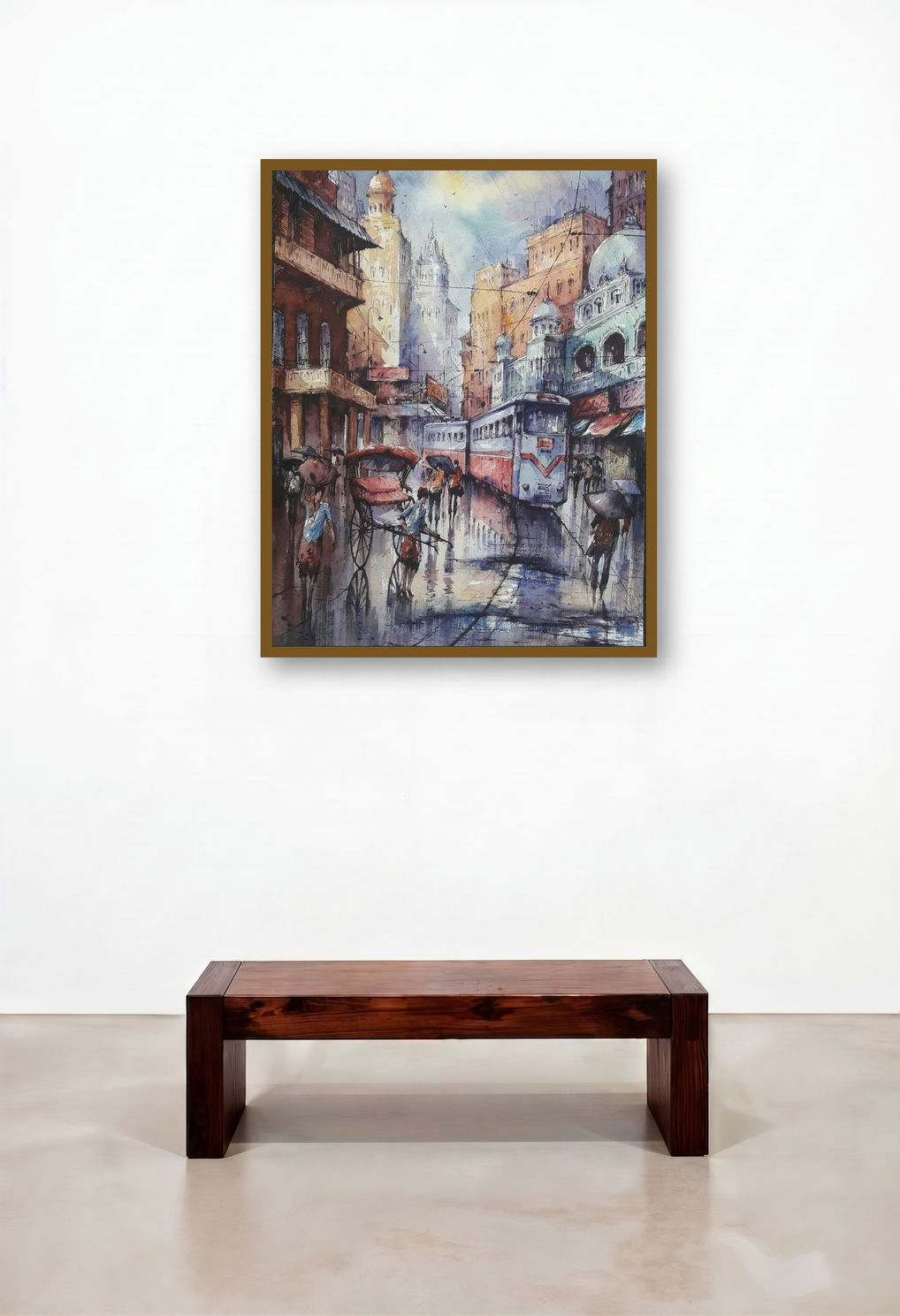 Tram In Kolkata 5 (Kolkata Tram) by artist Shubhashis Mandal displayed in a Contemporary Dining Room