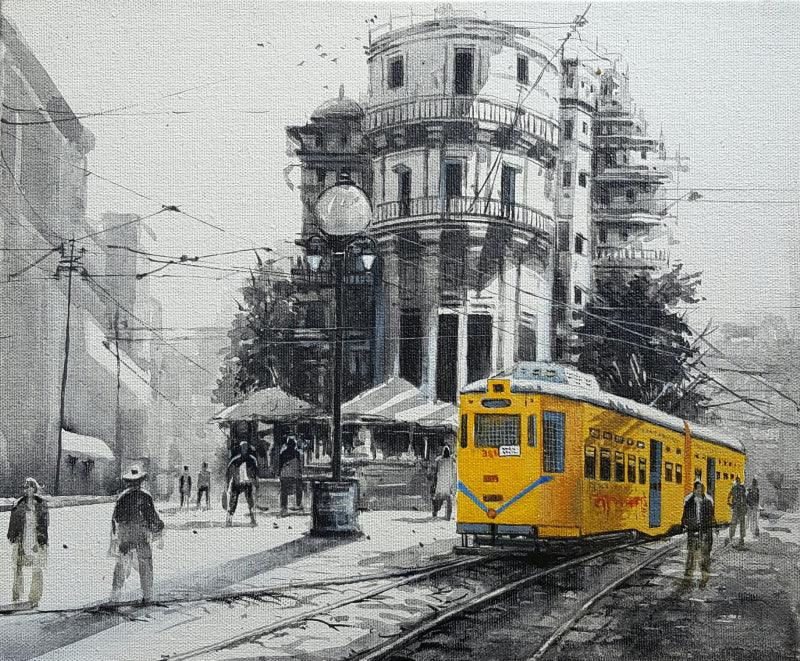 Cityscape acrylic painting titled 'Tram In Kolkata', 16x20 inches, by artist Amlan Dutta on Canvas